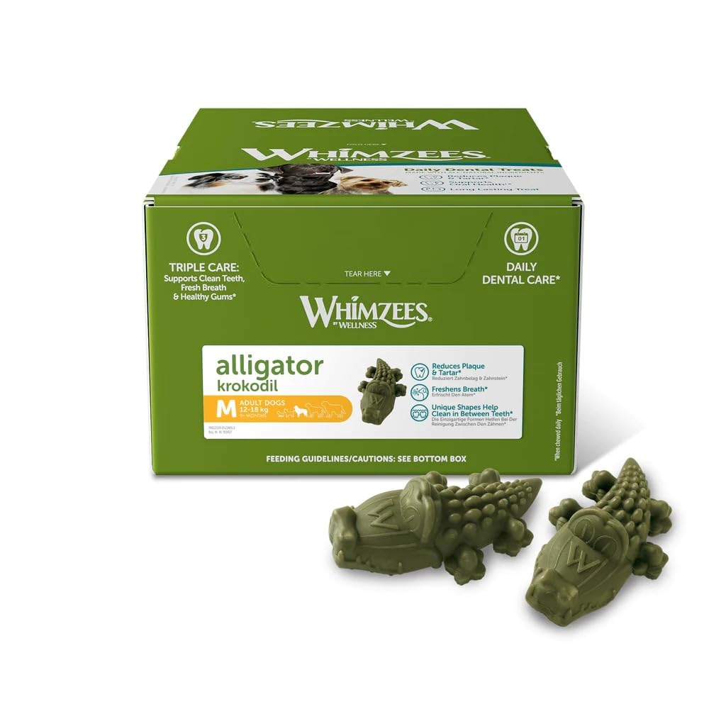 WHIMZEES Alligator, masticable dental diario natural para perros, masticable de larga duración, 65 piezas, talla M