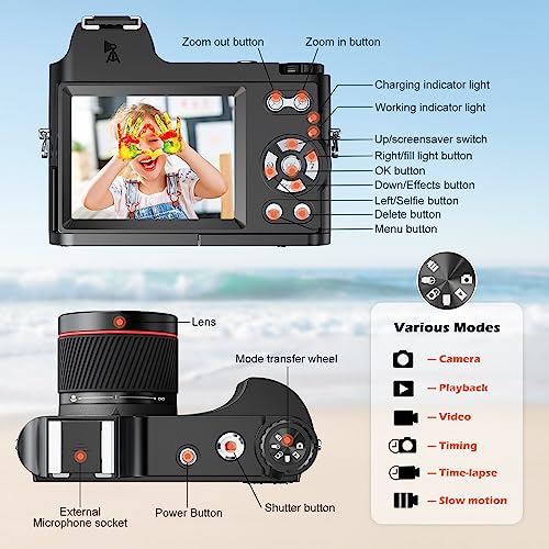 Câmera digital 4K para fotografia, câmera vlogging de 48 MP para YouTube com cartão SD de 32 GB, tel