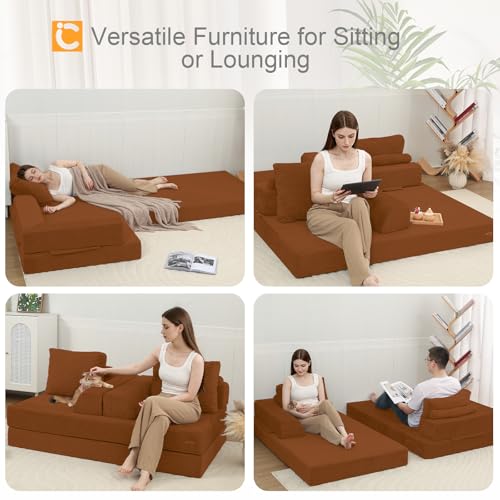 Image of COMAX Convertible Sofa Bed, Folding Floor Couch Corduroy Fold Out Couch Bed Futon Sleeper Mattress with Pillows, Boneless Sofa Comfy Lounge Loveseat for Living Room Bedroom, Orange