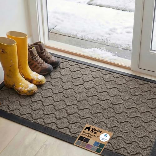 GORILLA GRIP 100% Waterproof All-Season WeatherMax Doormat, 47x35, Durable Natural Rubber, Stain and Fade Resistant, Low Profile, Indoor Outdoor Doormats, Easy Clean Patio Entry Mat, Latte Quatrefoil