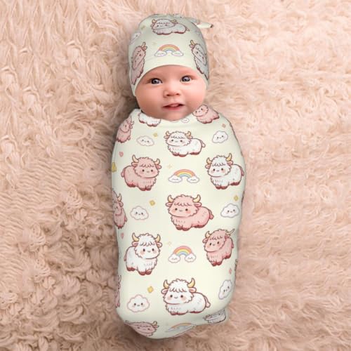 Image of Lcokin Highland Cow Baby Stuff Swaddle Blanket with Hat, Newborn Receiving Blanket