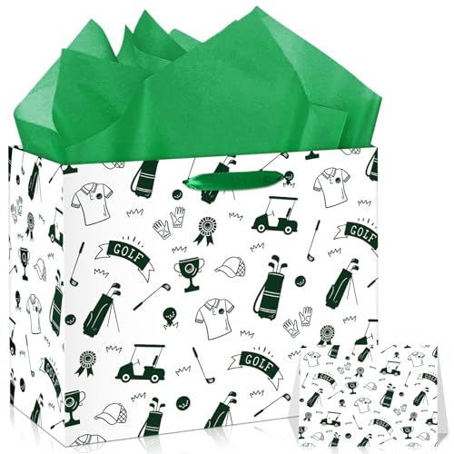 Golf Gift Bag for Boys Men Golf Theme Birthday Gift Wrapping Bag with Tissue Paper Card Decorations Sports Party Favors Goodie Treat Wrap Bags with Handle for Kids Adult Retirement Team Supplies