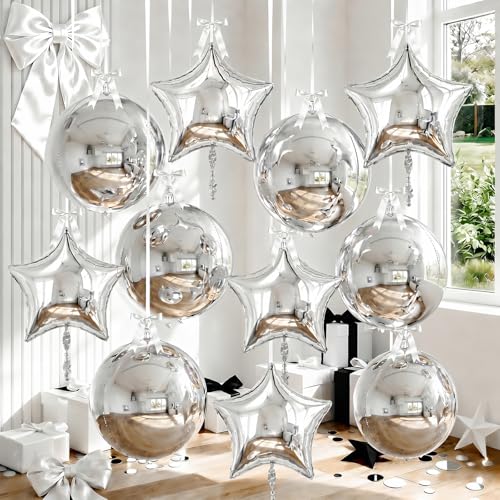 Image of 9 Pcs Silver Round Foil Balloons and Star Balloons 22 /18 4D Ball Balloon Metallic Silver Star Mylar Balloon Chrome for Graduation Birthday Wedding Anniversary New Year Disco Prom Party Decor