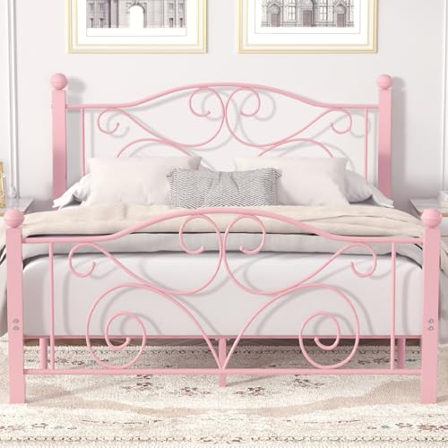 Image of VECELO Queen Size Bed Frame with Headboard and Footboard, Heavy Duty Metal Slat Support, Platform Mattress Foundation, No Box Spring Needed, Easy Assembly, Light Pink