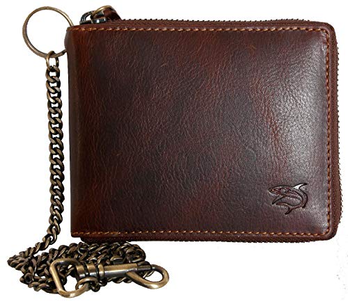 FLW Glazed Leather Zip-around (zipper around) Wallet with Metal Chain With Shark