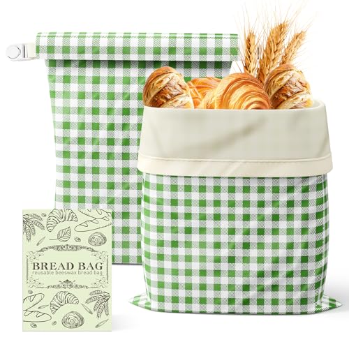 Large Beeswax Bread Bags for Sourdough, 2 Packs Reusable Cotton Material, Ideal for Sourdough Bread Storage to Keep Fresh Lock Moisture, 17 X 13 Inch Green and White Pattern