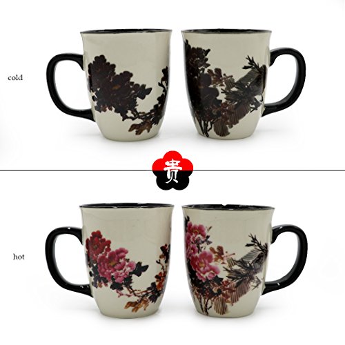 Asmwo Heat Changing Magic Porcelain Coffee Mug for Mom Gifts Funny Tea Mug 16 oz Black Change into Multi Color Peony Painting - Thumbnail 4