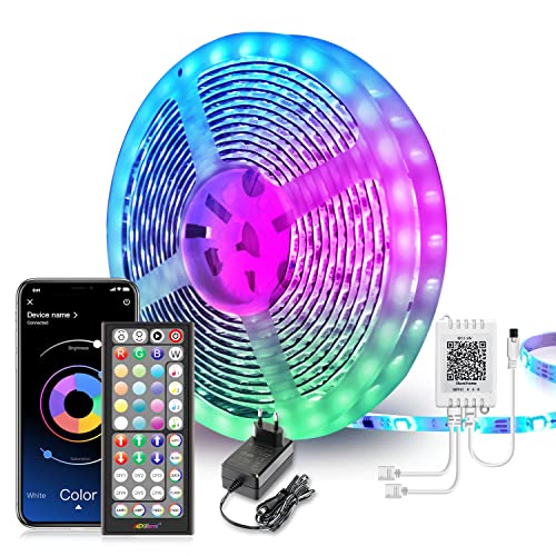 Mexllex Taśma LED 15 m (1 rolka), Bluetooth RGB LED ze sterowaniem za pomocą aplikacji, samoprzylepna, synchronizacja z muzyką, elastyczny łańcuch świetlny LED do dekoracji bożonarodzeniowych, kuchni, na imprezę