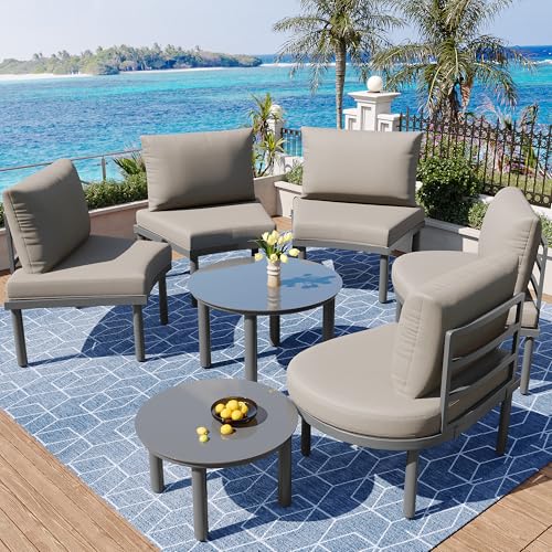 Juego de muebles de jardín (5 plazas), 2 mesas de café de cristal templado, marco de hierro galvanizado, cómodo mobiliario de jardín con cojines y cojines grises, patas ajustables, elegante sofá