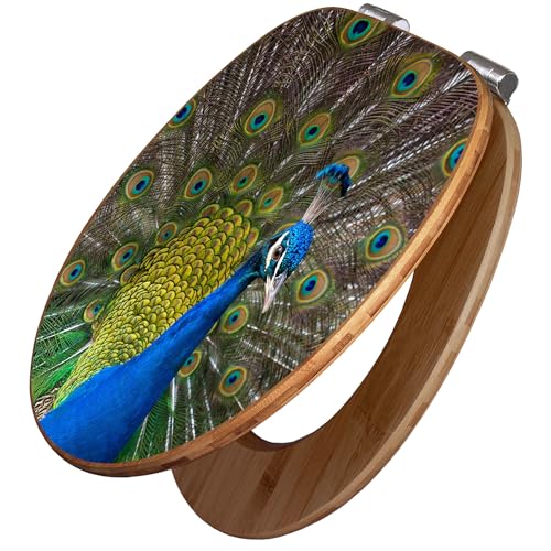 banjado Design WC Sitz Bambus Absenkautomatik 45,8x37,5cm - Toilettendeckel mit Absenkautomatik Holz - hochwertiger Bambus Klodeckel - WC-Sitz für gängigen Toiletten - Motiv Pfau
