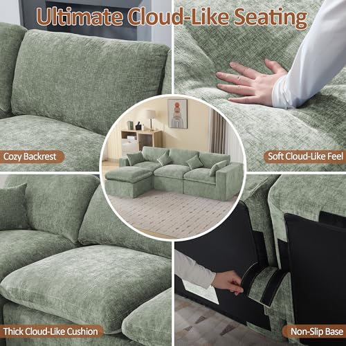 Image of 115''Cloud Boneless Sectional Couch, Modular Sectional Sofa Deep Seat with Ottoman, Oversized Upholstered Convertible Comfy 4 Seater Chenille Sofa L Shape Couches for Living Room, Green