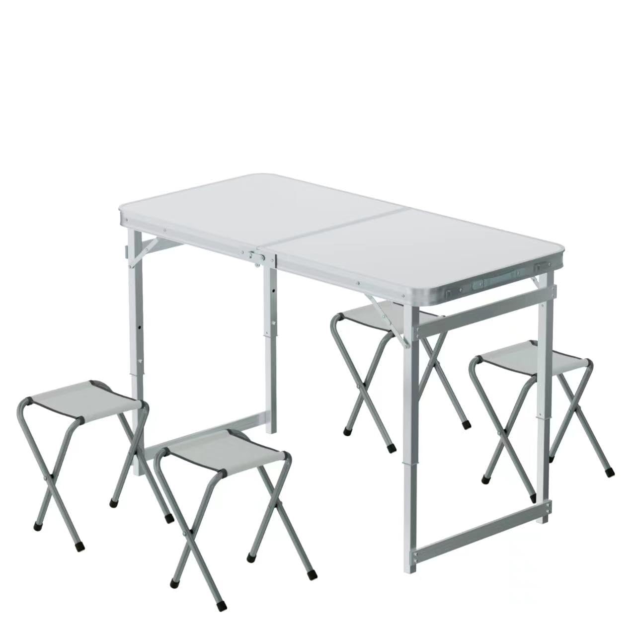 FrenzyBird Folding Picnic Table with Umbrella Hole 4 Stools, Aluminum Table Oxford Mat Chair Set for up to 4 Persons, Portable Lightweight and Heights Adjustable for Outdoor Camping Dining BBQ Party