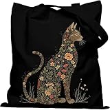 DYALE Cute Tote Bag Double-Sided Prints with Snap Closure, Gifts for Cat Lovers, Cute Cat Themed Flowers Canvas Tote Bag with Inner Pocket for Shopping, Library, Work, Travel, Black Canvas Bag