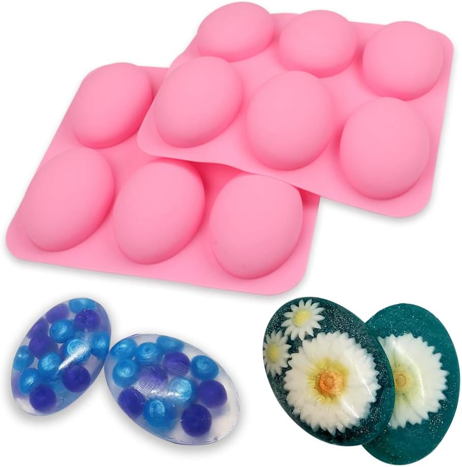BAKER DEPOT Silicone Mold for Handmade Soap 6 Cavity Oval Shape Fat Bath Bombs Pink Color，Set of 2