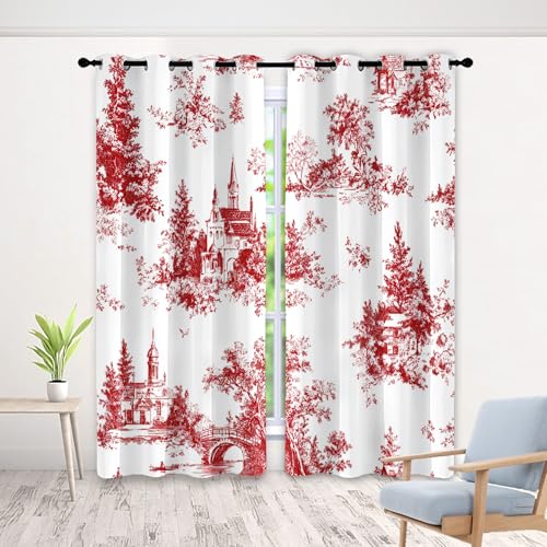 Générique Rideau Toile de Jouy - Lot De 2 à Oeillets, Château Arbre Rétro Rideaux Occultant Opaque, Thermique Isolant Anti Froid, pour Fenêtre de...
