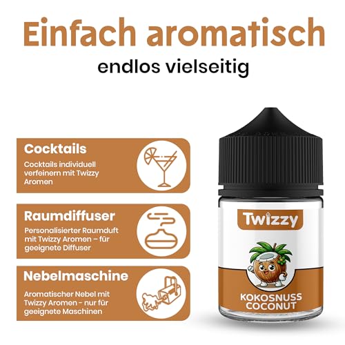 Twizzy Kokosnuss Lebensmittelaroma - 60ml - Intensives Aroma – Ideal zum Backen, in Lebensmitteln & Getränken, auch für Vernebler, Nebelmaschinen, uvm
