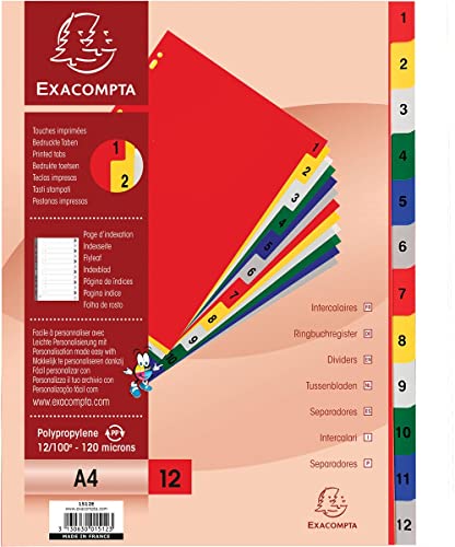 Exacompta - Réf. 1512E - Intercalaires En Polypropylène Avec 12 Onglets Imprimés Numériques De 1 À 12 En Couleur - Page D'Indexation Imrpimable - Form