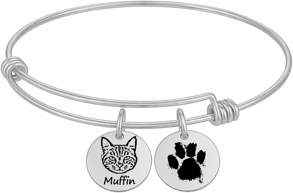 Pet Paw Bracelet Personalized – Dog or Cat Paw Print Charm Bangle Bracelet with Photo Engraving, Custom Pet Memorial Jewelry for Pet Mom or Dog Lovers – Mother’s Day, Christmas, Birthday
