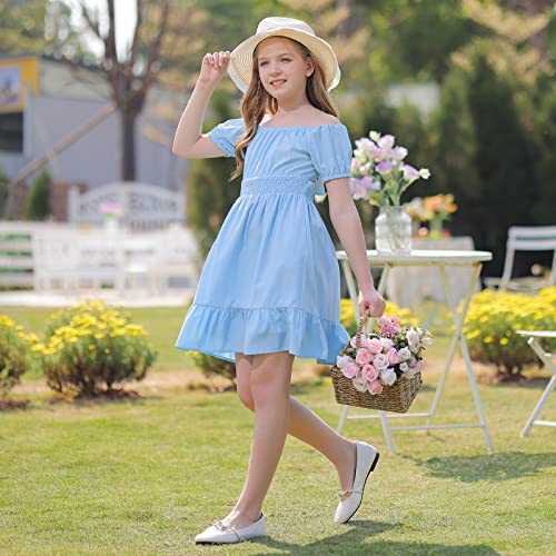 Pdcall Girls' Short Sleeve Ruffle Hem Dress Off Shoulder Tie Back Casual Elegant Dress Light Blue 12-13 Years #TOP1