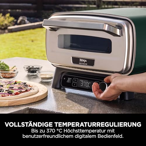 Ninja Artisan Outdoor-Pizzaofen und Heißluftfritteuse, 4 Funktionen, Servierbrett, Pizza-Wiegemesser, 30-cm-Pizzastein, Pizzaschale, Backblech und Heißluft-Fritteusen-Korb, Grün MO201AMZEU