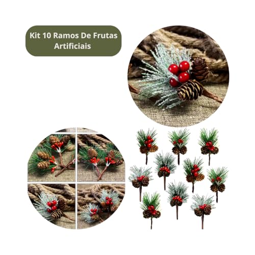Kit 10 Pcs Ramos De Frutas Artificiais 10cm Flor Seca Pinha De Natal Pinheiro Palito Decoração Enfei