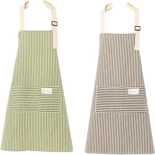 2 Pieces Adjustable apron adjustable Cotton Hybrid Bib With 2 Pockets ladies Men's Chef apron kitchen Cooking Baking Grilling (Grey/Green Striped Style, 2 packs)