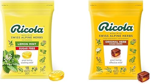 Ricola Gotas para la garganta supresoras de la tos con hierbas de menta y limón sin azúcar, bolsa de 105 unidades y gotas naturales originales para