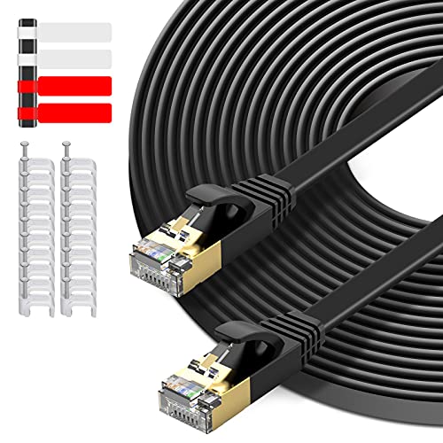 Image of ODOM Cat7 Ethernet Cable 50 ft Flat Black, Cat7 Internet Patch Cord with Cable Clips & Labels, Long 10 Gigabit High Speed Ethernet Cable, RJ45 Network LAN Cable for PS4, Modem, Router, Switch