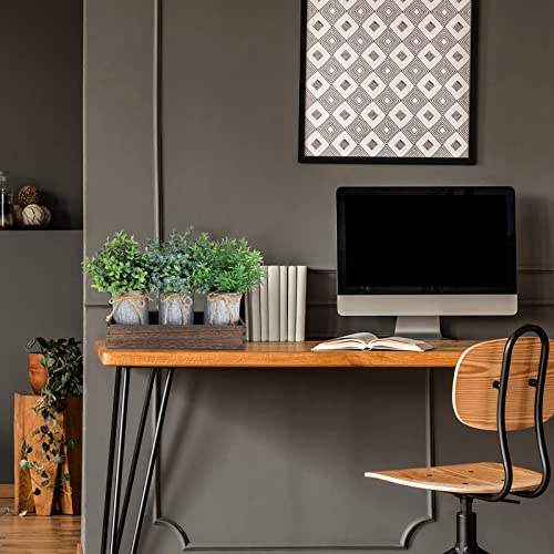 Set Of 3 Mini Potted Plants Arrangement Faux Boxwood Eucalyptus Rosemary Plants In Rustic Galvanized Metal Pots With Rectangle Wood Box For Farmhouse Table Centerpiece Mantel Kitchen Greenery Decor #TOP6