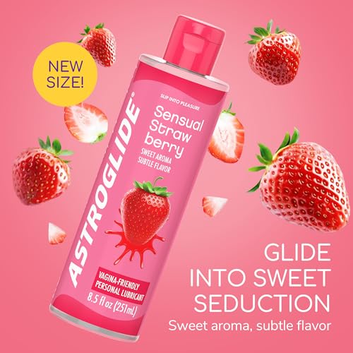 Image of ASTROGLIDE Strawberry Flavored Edible Lubricant, Hypoallergenic, 8.5 Fl Oz | Delicious strawberry flavor with smooth water-based glide. Hypoallergenic, vaginal-safe, condom-compatible silky pleasure.