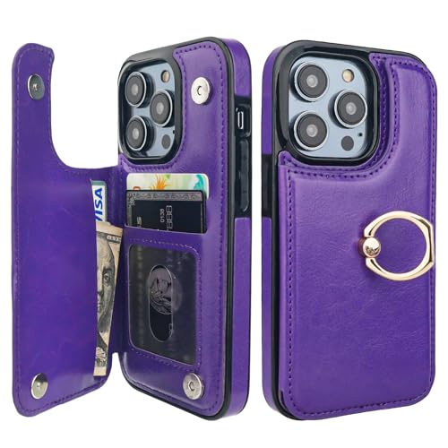 Étui portefeuille iPhone 14 Pro avec porte-cartes et anneau antichoc violet ONETOP