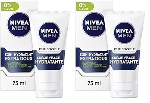 NIVEA MEN Peau Sensible Soin Extra Doux (1 x 75 ml), crème hydratante pour les hommes à la peau sensible et irritée, soin homme hydratant & apaisant 0% alcool (Lot de 2)