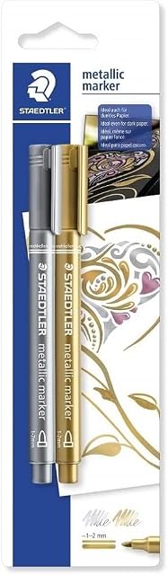 STAEDTLER 8323-S BK2 Metallic Marker Pens - Gold/Silver (Pack of 2)
