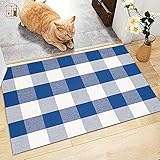 McGuffey Buffalo Plaid Rug 2x3 ft Blue and White Cotton Hand-Made Checkered Door Mat, Washable...