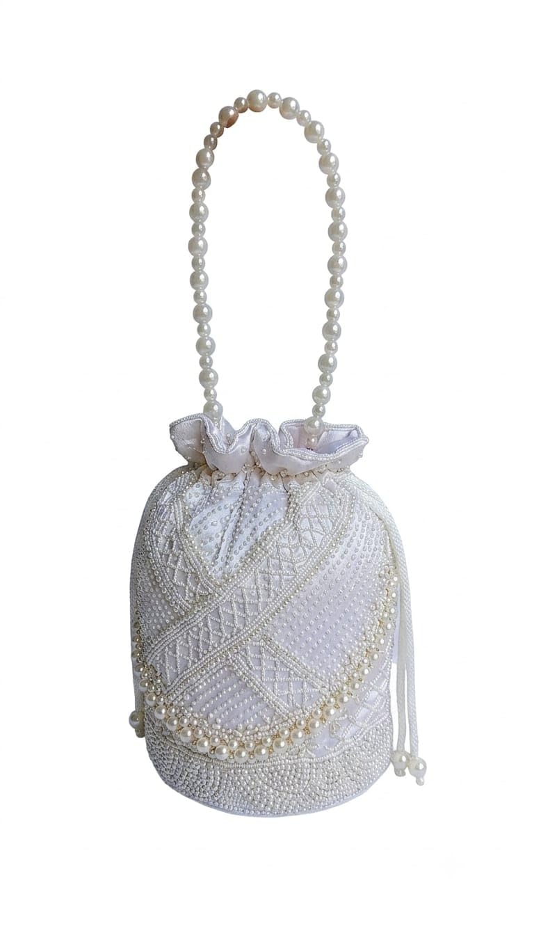 Handcrafted Pearl & Bead Work Ethnic Potli Bag for Women | White Bridal Drawstring Purse with Faux Pearl Handle for Weddings, Parties, & Festive Gifting (24 x 15 cm)-picture-36