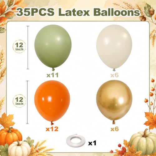 Image of Orange Green Sand White Gold Balloons, Fall Balloons for Fall Party Decor | 12 Inch Burnt Orange Sage Green Gold Balloons for Thanksgiving Autumn Baby Shower Birthday Little Pumpkin Party Decorations