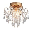 Q&S Mini Chandelier Crystal Ceiling Light,Small Flush Mount Gold Light Fixture for Entryway Bedroom Barthroom Hallway Closet E12