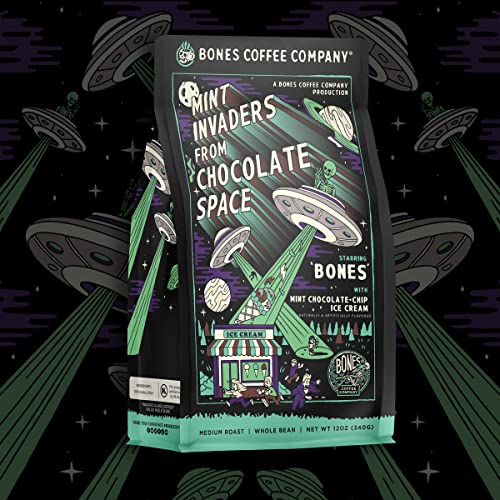 Bones Coffee Company Mint Invaders Ground Coffee Beans Mint Chocolate Chip Flavor | 12 Oz Flavored Coffee Gifts | Low Acid Medium Roast Coffee Beverages (Ground) #TOP6
