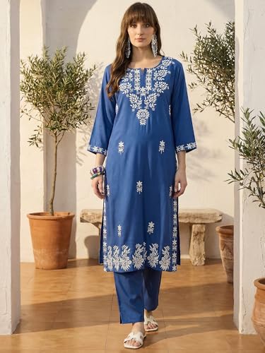 Image of INDO ERA Women's Viscose Rayon Floral Embroidered Straight Calf Length Kurta & Pant Set (IEAI11741)
