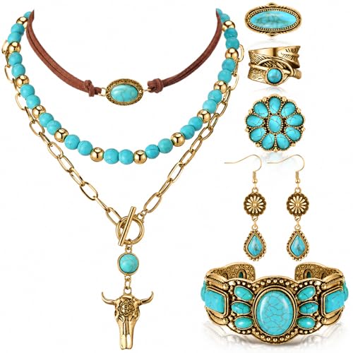 Image of Ecally Bohemian Western Jewelry Turquoise Set Women Country Pendant Long Choker Layered Bracelets Earrings Ring for Women