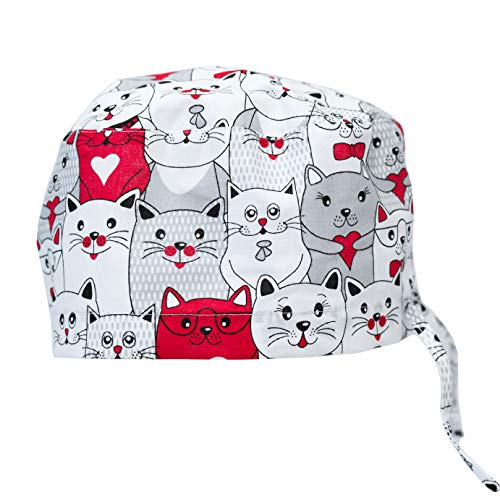 Scrub Cap Hat Unisex Animal Print Uniform Cat (Red)