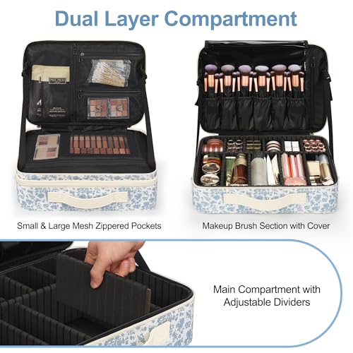 Image of Relavel Large Makeup Bag, Floral Cosmetic Bag for Women, Professional Travel Train Case Portable Makeup Artist Bag Make Up Storage Organizer Box with Adjustable Dividers and Makeup Brush Compartment