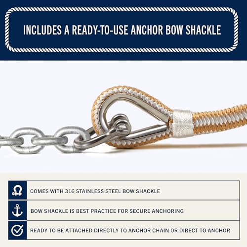 RainierSupplyCo Boat Anchor Rope - Double Braided Marine Rope Anchor Line - 50 ft x 3/8 Inch Nylon Boating Line with 316 Stainless Steel and Heavy Duty Marine Grade Bow Shackle - White/Gold by Rainier Supply Co - Used condition - Image 7