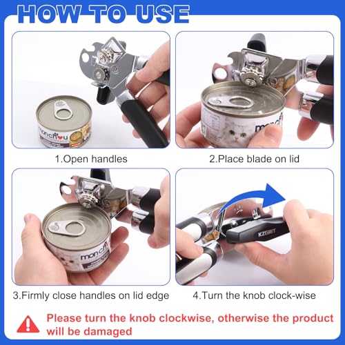 Image of Manual Can Opener, Food-Safe Stainless Steel, Smooth Edge, Tin Lids Jar Bottle Caps Openers with Non-Slip Handle and Ergonomic Turning Knob for Elderly with Arthritis(Black)