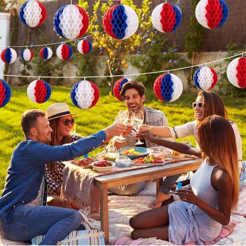 Image of Dunzoom 12 Pcs 250th Anniversary 4th of July Decorations Set 6 inch 8 inch 10 inch 12 inch Patriotic Honeycomb Balls Blue White Red Hanging Round Tissue Paper Pom Poms for Independence Day Memorial Party Decor