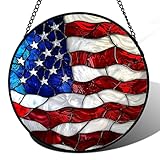 Picture of DASTOLL Stained Glass Window Hanging, Blue, White Red National Flag Pattern Sun Catchers Diamond Glass Panel Window Hangings Decor for Birthday Gifts for Women, Men, and Mom 14.9x14.9IN