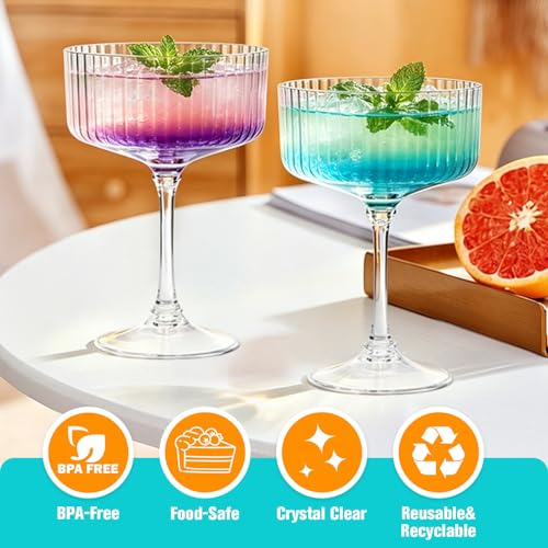 Image of 100 Pcs Plastic Martini Glasses Disposable,10oz Ribbed Martini Glasses | Unbreakable, Vintage Coupe Cocktail Glasses Set with Detachable Stem for Wedding Birthday Party Bar Supplies, Clear