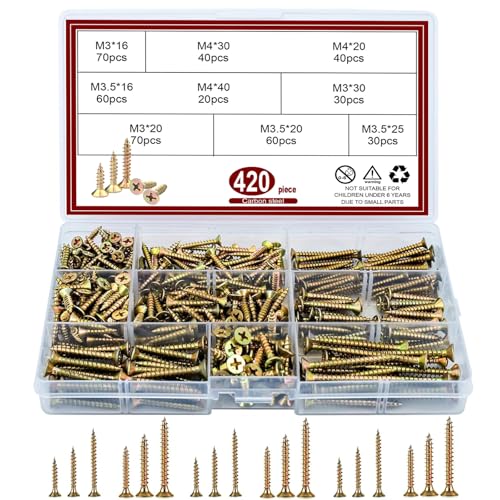 SXTDKMJ Wood Screws, 420PCS Assorted M3, M3.5, M4 Screws for Wood, Color Zinc, Phillips Head, DIY Furniture Repairs