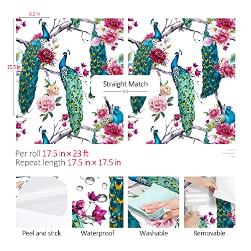 ReWallpaper 44.5cm x 7m Vintage Peacock Peel and Stick Wallpaper Boho Blue/Green Peonies Removable Lining Paper for Walls Vintage Floral Wallpaper for Walls Bathroom Bedroom Girls - Image 2