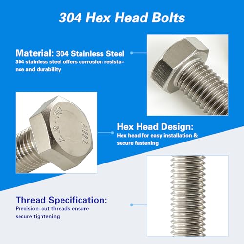 Image of M8x1.25 x 55mm Hex Head Screws Bolts, 304 Stainless Steel (A2-70), Bright Finish, Fully Threaded, Hexagon Head Bolts, Quantity 10